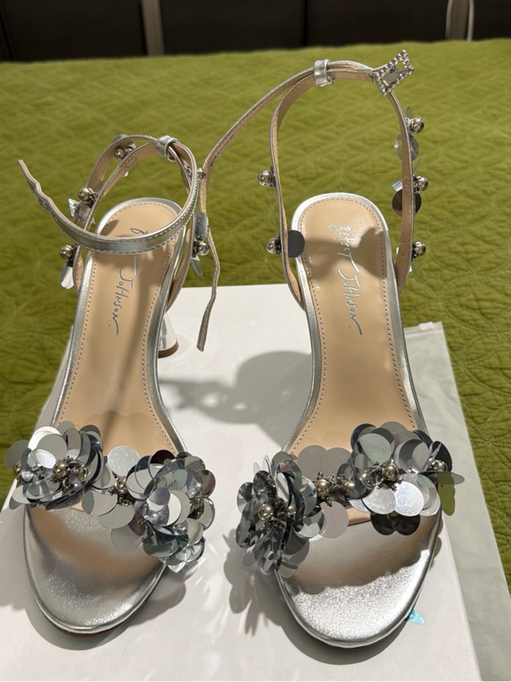 Betsey Johnson Silver Floral Sequin Ankle-Strap Heels